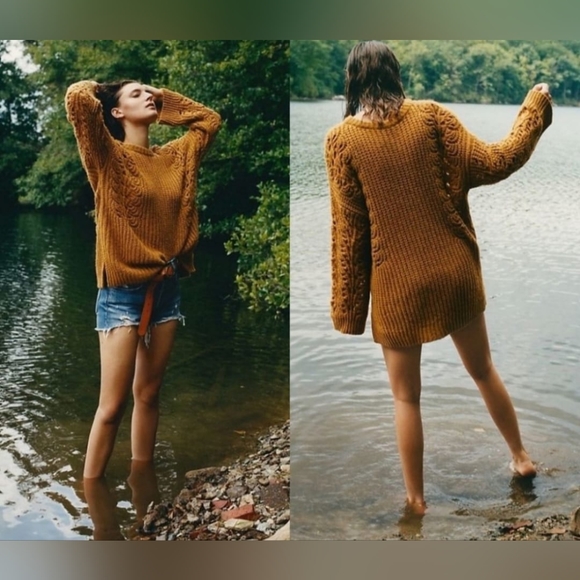 Anthropologie Pilcro Slouchy Oversized Sweater Devenne Pointelle Mustard Medium - Picture 5 of 16